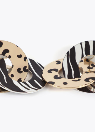 Double circle earrings with two-tone animal print