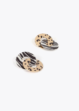 Double circle earrings with two-tone animal print