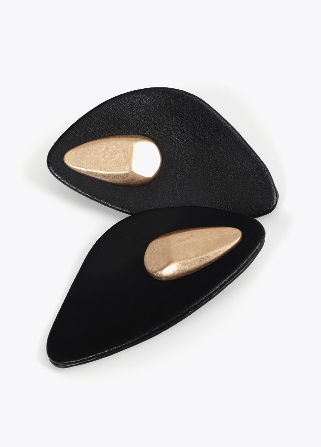 Large faux leather earrings with metal piece