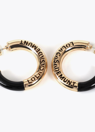 Acrylic tube earrings with cutwork metal logo