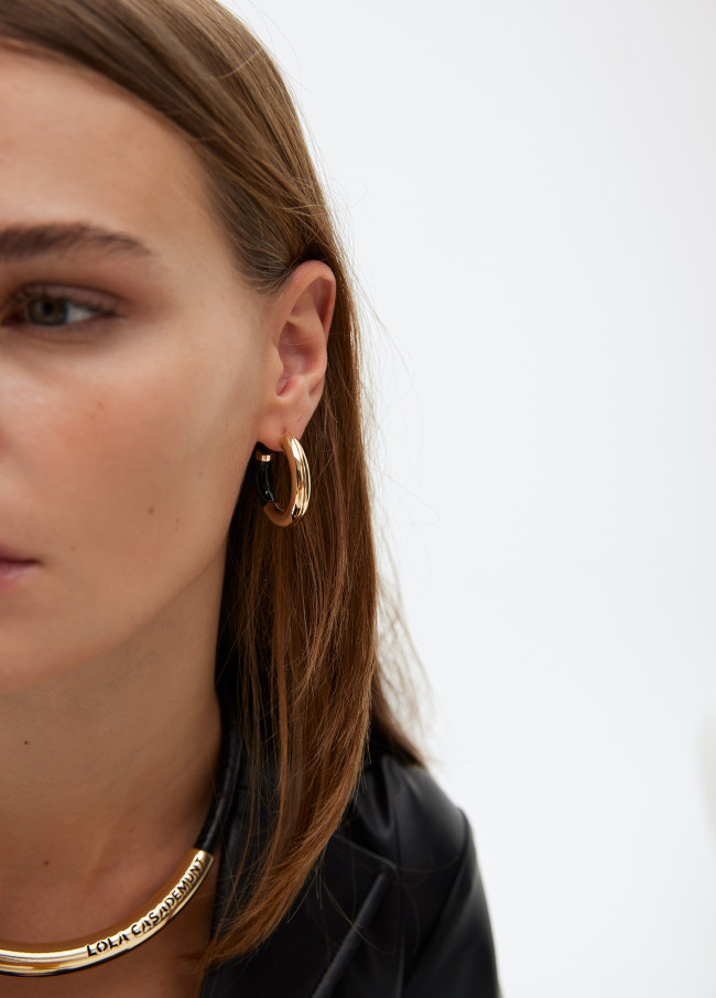 Acrylic tube earrings with cutwork metal logo