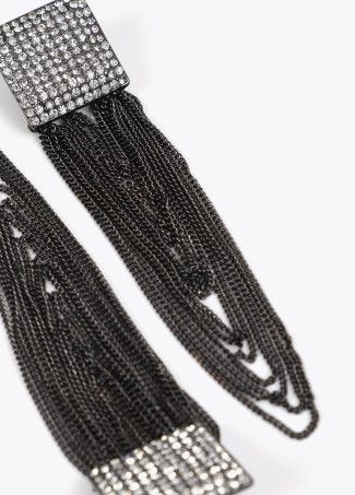 Square rhinestone earrings with crystals and tassel