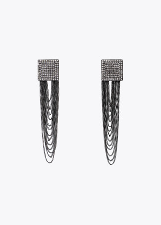 Square rhinestone earrings with crystals and tassel