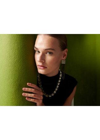 Square rhinestone earrings with crystals and tassel