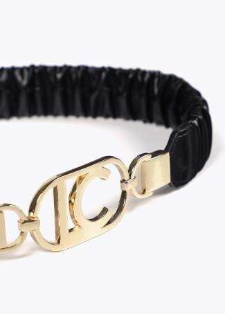 Stretch faux leather belt with oval logo