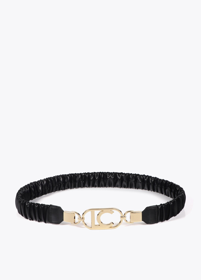 Stretch faux leather belt with oval logo