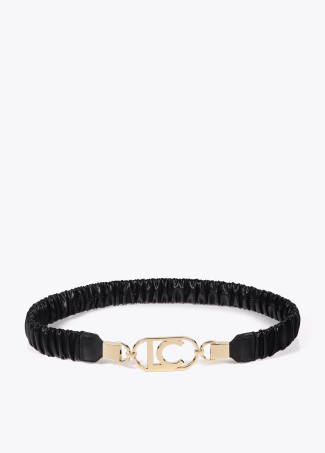 Stretch faux leather belt with oval logo