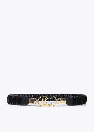 Stretch faux leather belt with oval logo