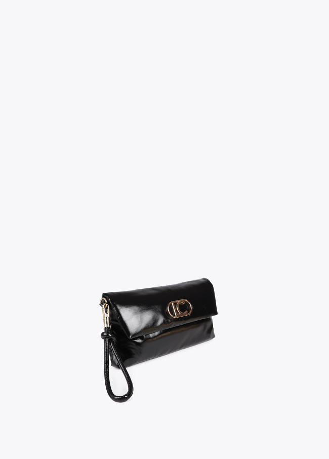 Quilted metallic faux leather clutch with oval...