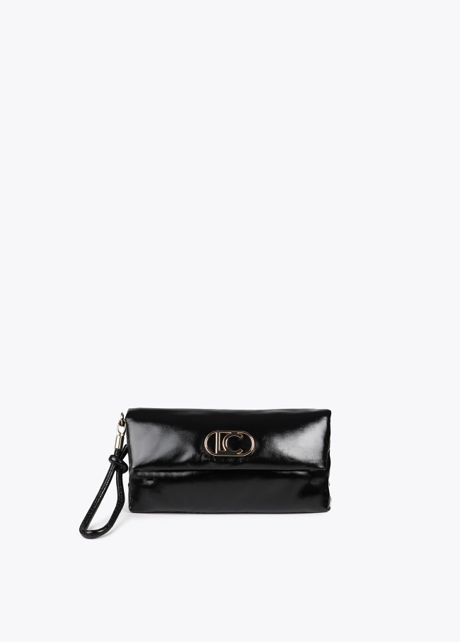 Quilted metallic faux leather clutch with oval...