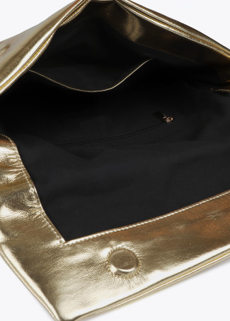 Quilted metallic faux leather clutch with oval LC logo