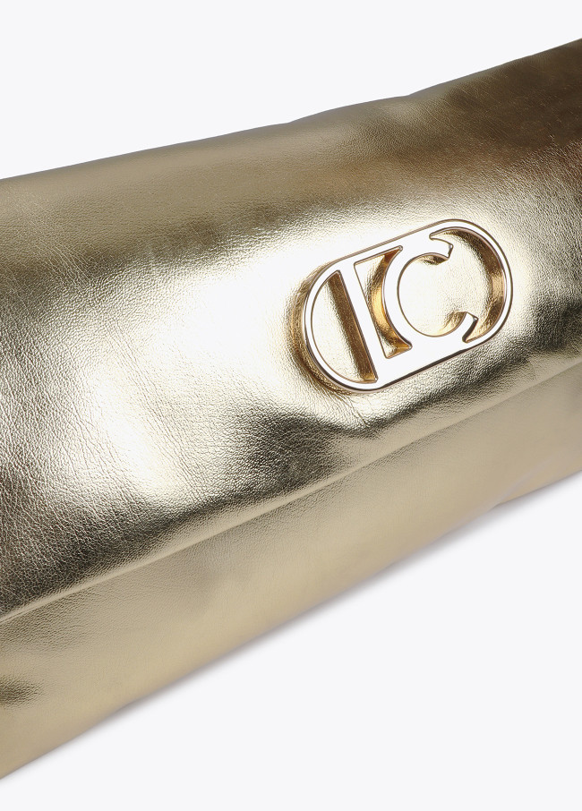 Quilted metallic faux leather clutch with oval...