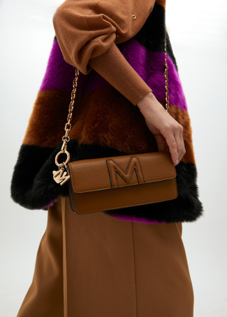 Faux leather crossbody baguette bag with raised M