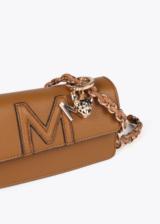 Faux leather crossbody baguette bag with raised M