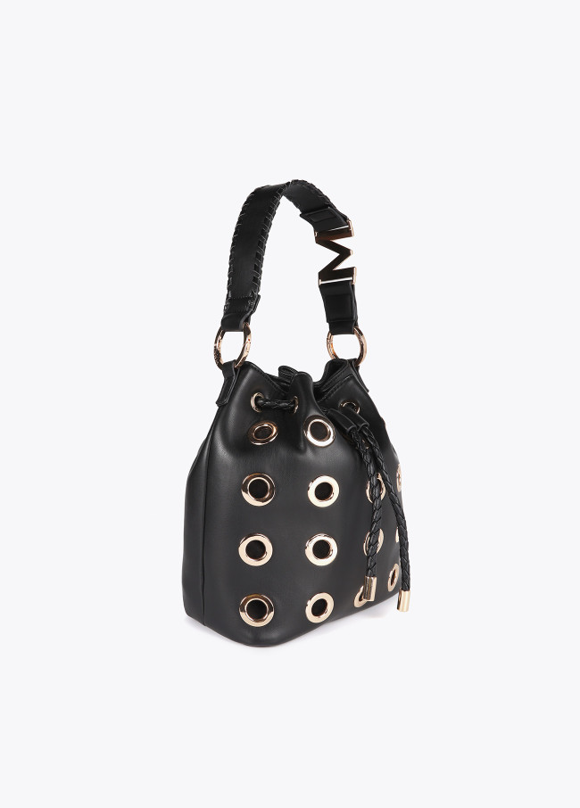 Pouch bag with circular metallic eyelets
