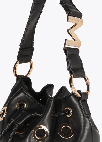 Pouch bag with circular metallic eyelets