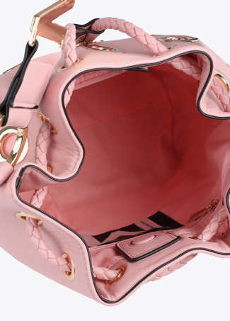 Pouch bag with circular metallic eyelets