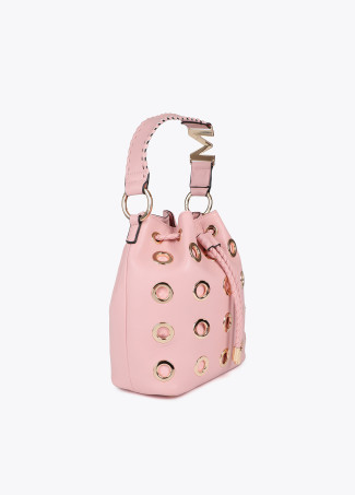 Pouch bag with circular metallic eyelets