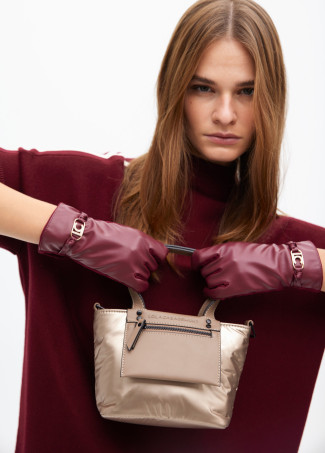 Mini satin nylon tote bag with faux leather details