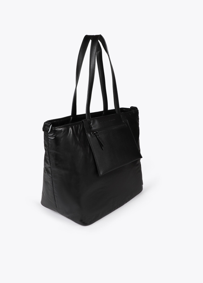 Satin nylon tote bag with faux leather details