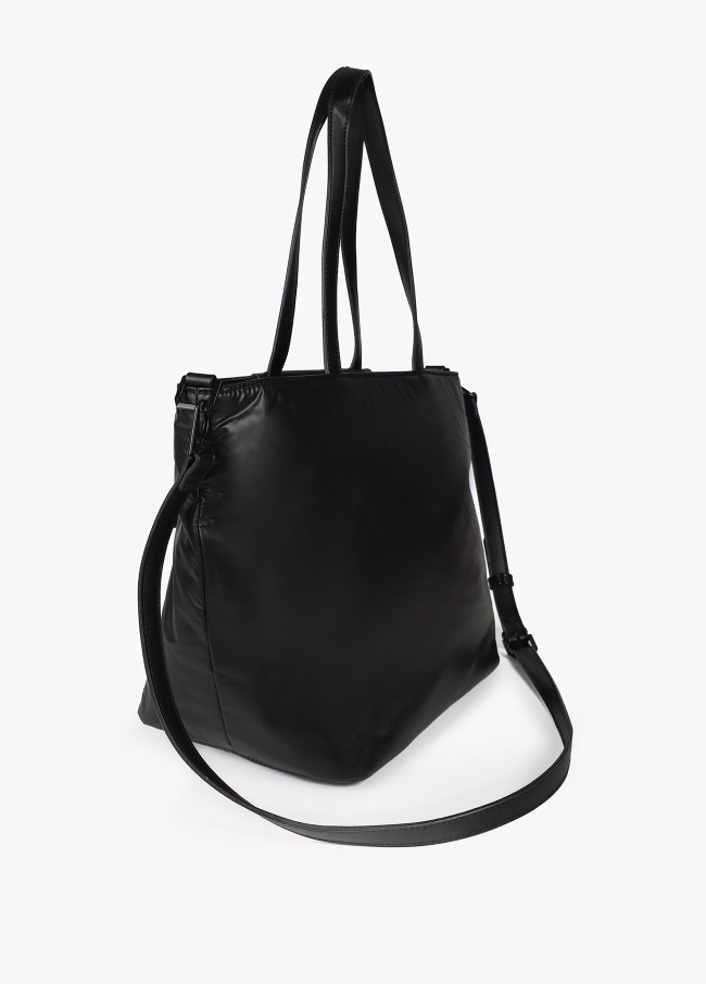 Satin nylon tote bag with faux leather details