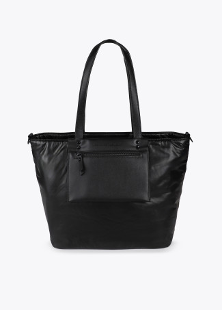Satin nylon tote bag with faux leather details