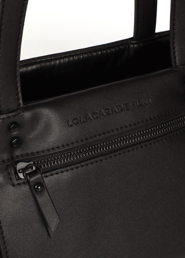 Satin nylon tote bag with faux leather details