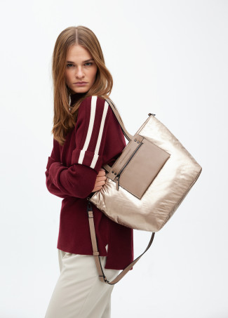 Satin nylon tote bag with faux leather details