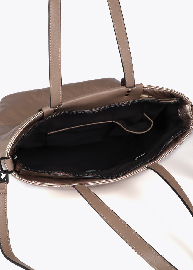 Satin nylon tote bag with faux leather details