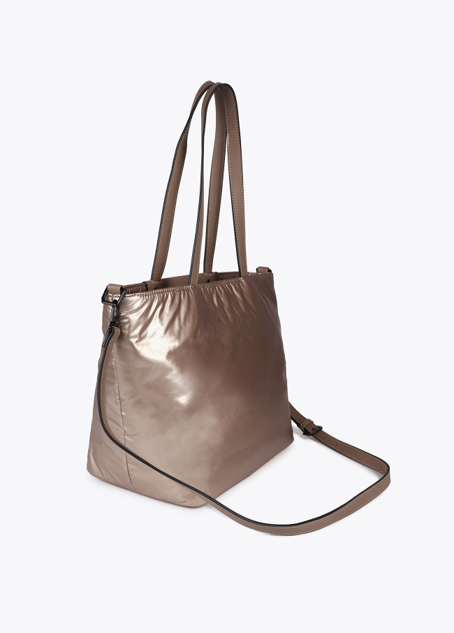 Satin nylon tote bag with faux leather details