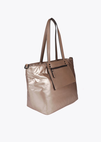 Satin nylon tote bag with faux leather details