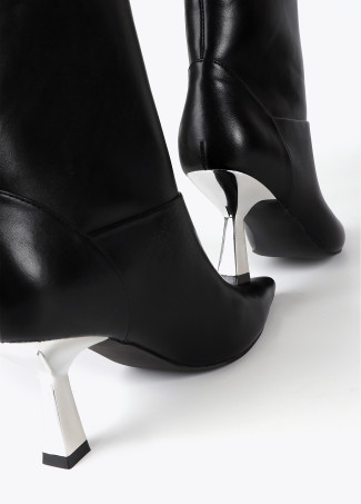 Ankle boots with pointed toe and metallic effect heel