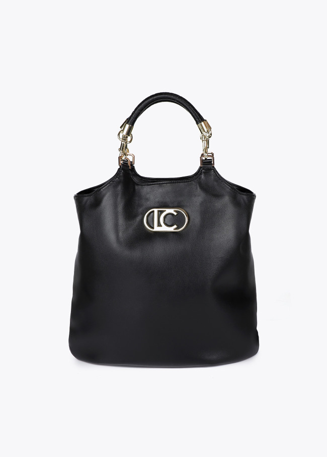 Faux leather tote bag with braided strap and metallic details