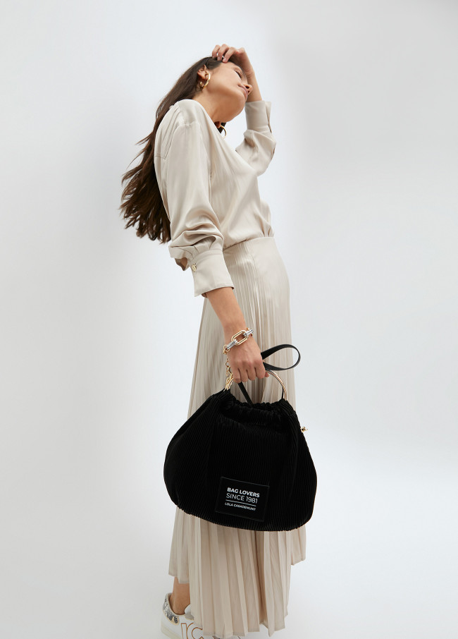 Pleated rubberised faux leather bag with ‘”bag...