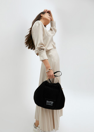 Pleated rubberised faux leather bag with ‘”bag lovers” label