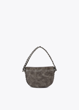 Distressed faux leather crossbody bag with flap and chain detail