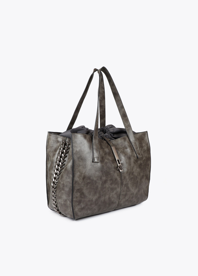 Distressed faux leather tote bag with chain detail