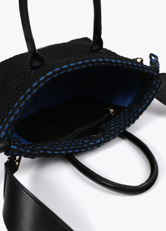 Mesh fabric crossbody bag with blue interior