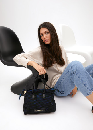 Mesh fabric crossbody bag with blue interior