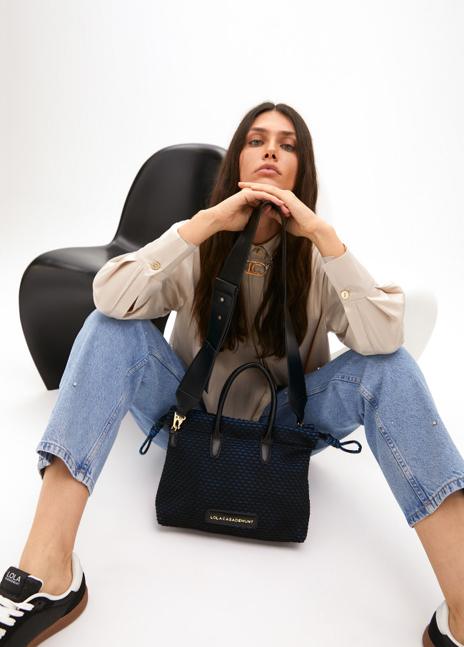 Borsa a tracolla in tessuto reticolare interno blu