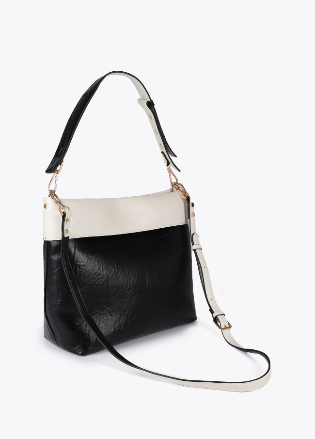 Two-tone wrinkled faux leather hobo bag