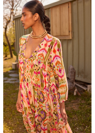 Vestido comprido com estampado étnico