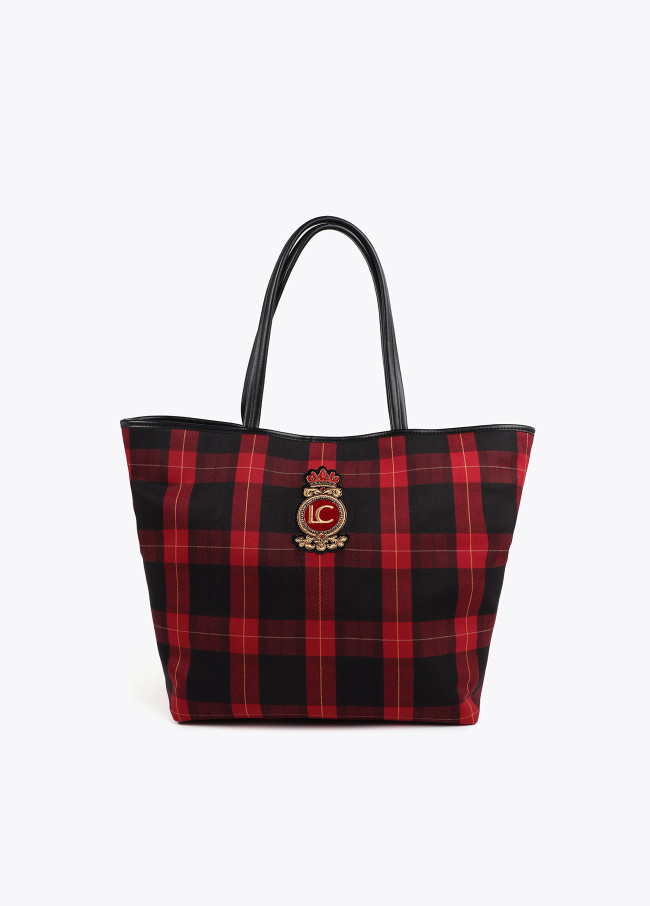 Check tote bag with shield patch