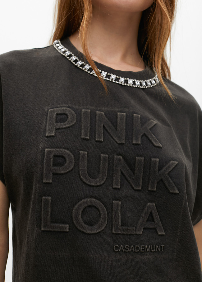 Short sleeve faded T-shirt with rhinestone...