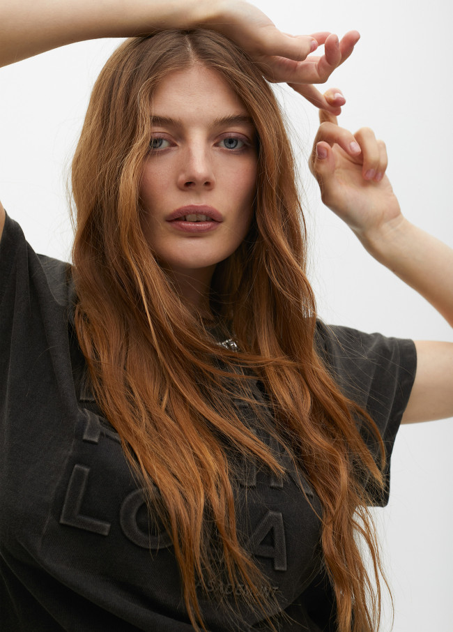 Short sleeve faded T-shirt with rhinestone...