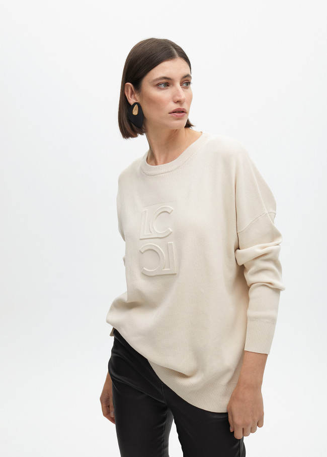 Round neck sweater with raised logo detail