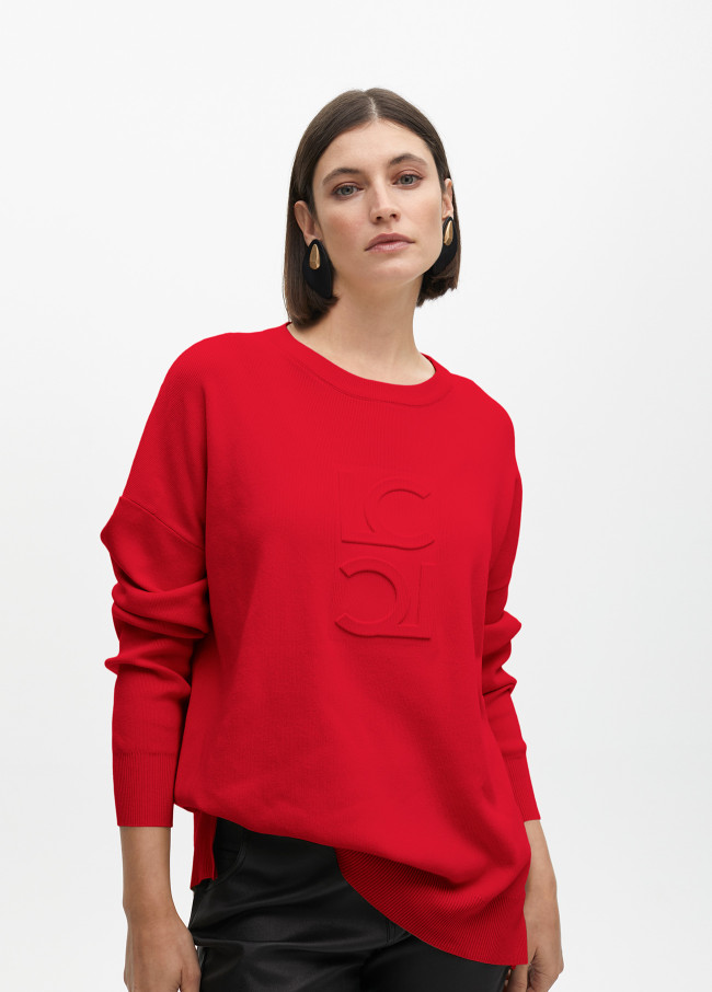 Round neck sweater with raised logo detail