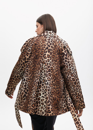 Short animal print trench-style three-quarter-length jacket with belt