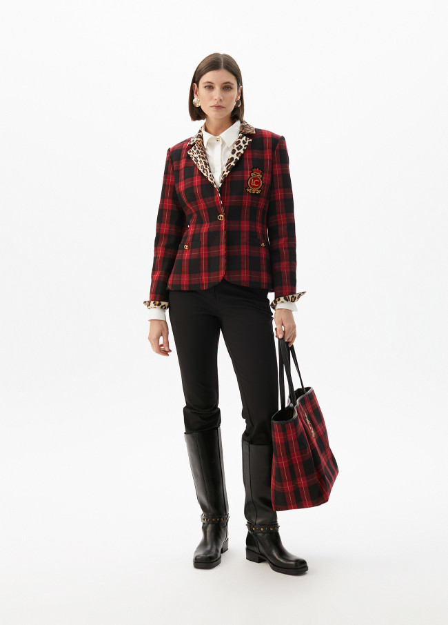 Contrast tartan and animal print blazer