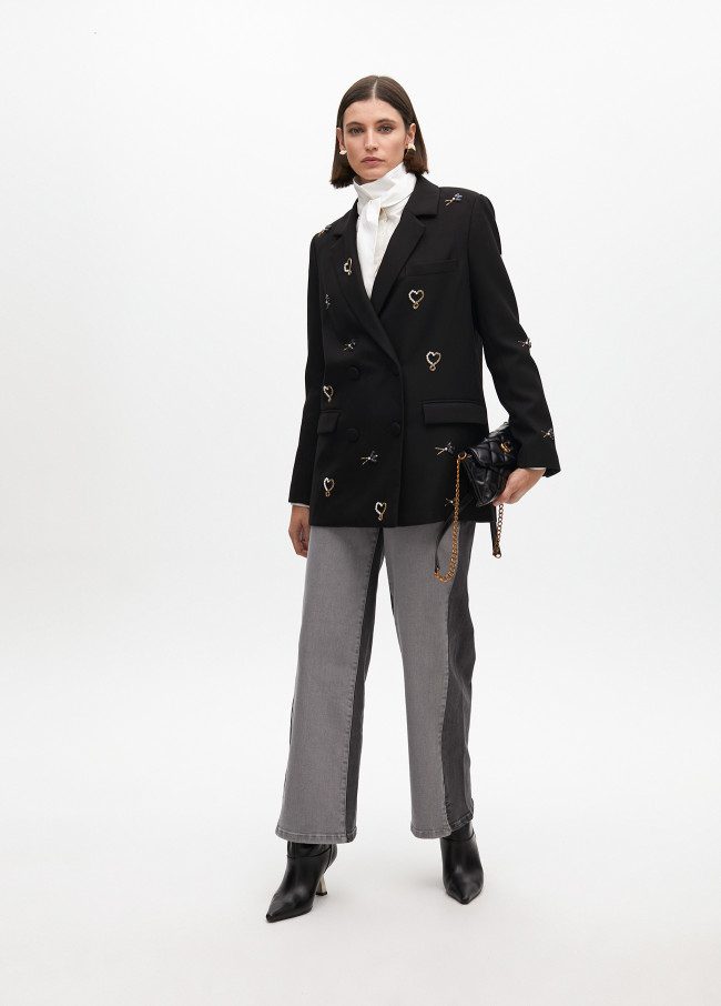 Double-breasted blazer with rhinestone embroidery
